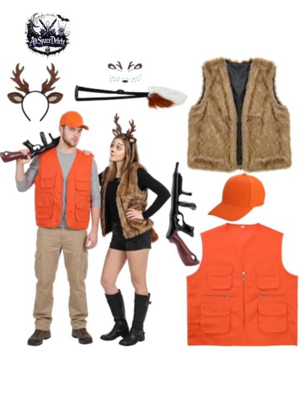 7Pc Halloween Couples Costume Set Hunter Vest Deer Antler Faux Fur Vest Cosplay